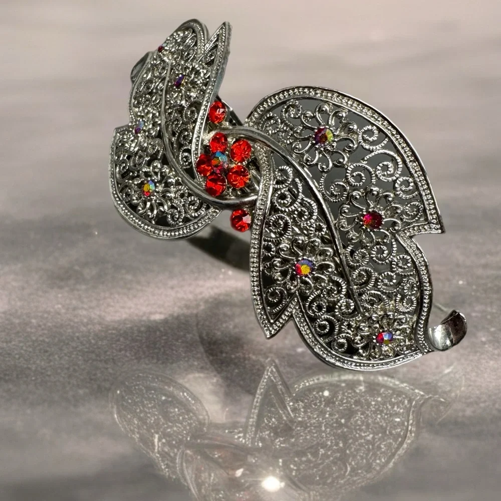 Vintage Ornate Silver Tone Hair Barrette with Red Floral Rhinestones